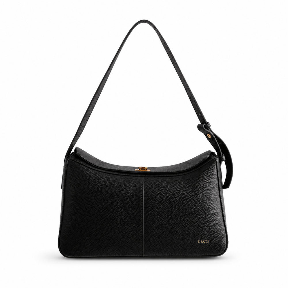 K&Co. Genuine Leather Clasp Shoulder Bag - BLACK